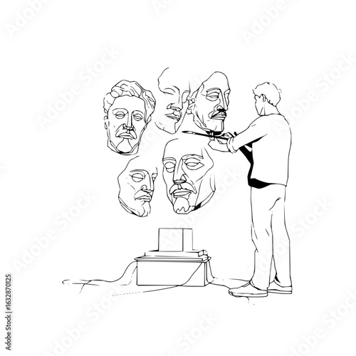Illustration of a sculptor working on a sculpture with multiple heads in a monochrome style