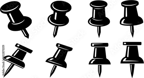 collection of six black push pin vector silhouettes isolated on white
