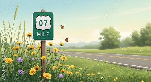 Scenic Route Illustration With Butterfly Meadow And State Route Roadside Marker