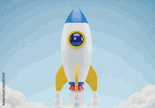 Vector illustration of cartoon rocket ship launching into the sky with clouds