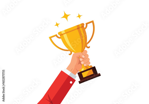 Vector illustration of hand holding a gold trophy symbolizing victory and success isolated on white background