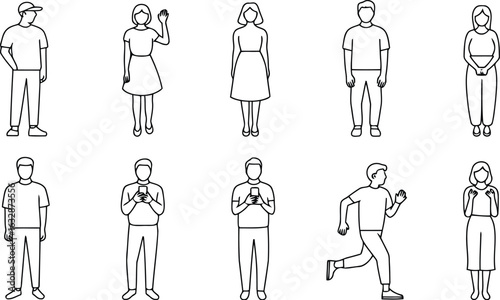 Hand drawn people outline icon set, minimal black and white vector collection of standing and walking male and female figures

