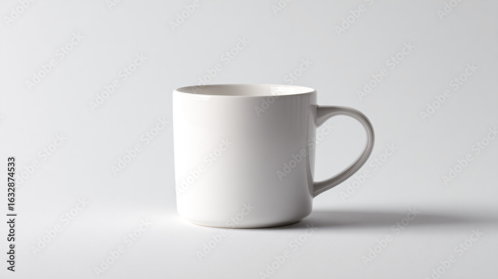 Minimalist white ceramic mug on light gray background with soft, elegant lighting Minimalist white ceramic mug on light gray background with soft, elegant lighting