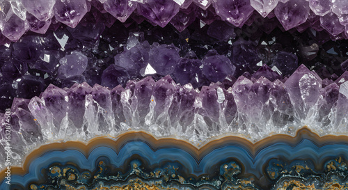 An artistic close-up of a sparkling amethyst geode showing purple crystals and blue agate layers.