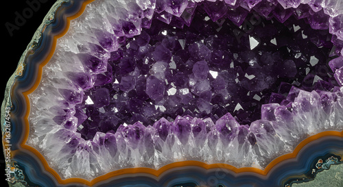 Detailed close-up reveals the textured layers and crystalline details inside an amethyst geode.