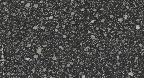 Detailed texture of dark asphalt filled with grey and white small rocks and gravel evenly scattered.