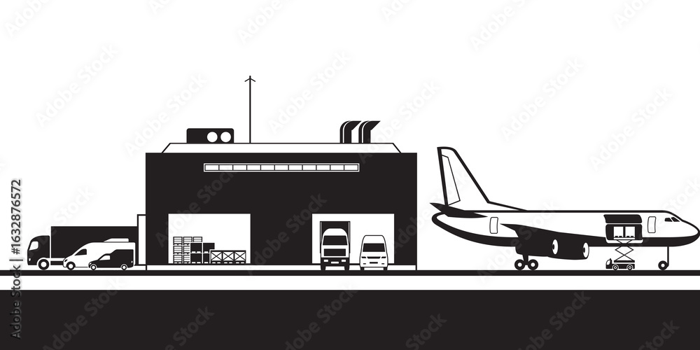Obraz premium Cargo terminal with airplane and trucks at airport – vector illustration
