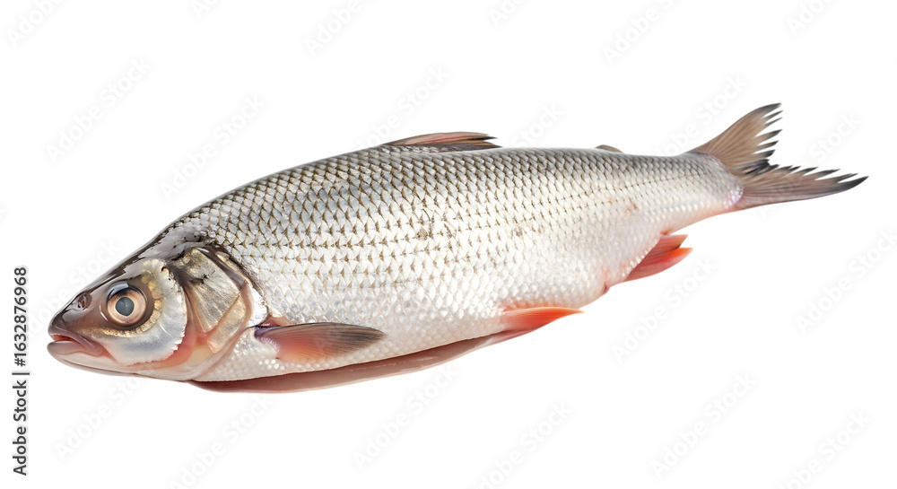 Fototapeta premium Isolated on transparent background, a common rudd fish, a freshwater species, displays its silver scales and red fins, a popular catch for anglers in european rivers and lakes