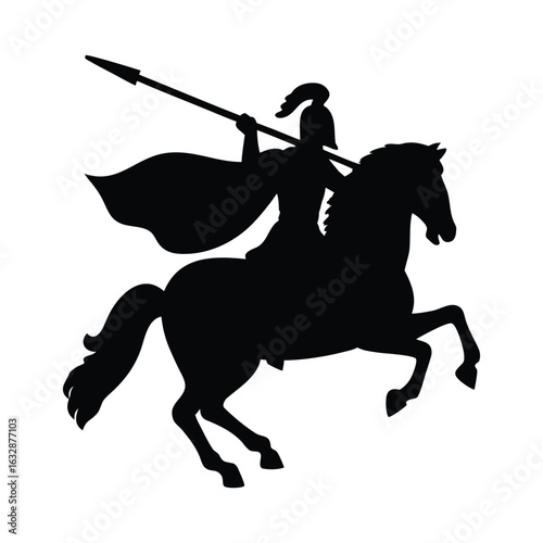 Silhouette of warrior knight with spear riding horse vector illustration graphic design art image