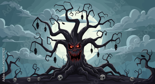 Eerie illustration of a demonic haunted tree with a monster face in a spooky forest. A creepy Halloween landscape with a full moon, skulls, and bats.