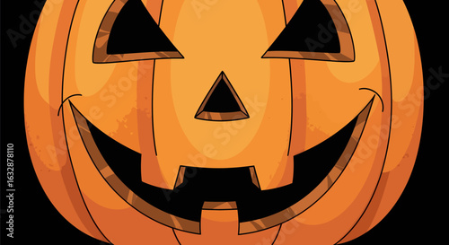 Spooky jack-o-lantern illustration with a classic carved smiling face for the autumn Halloween holiday celebration.
