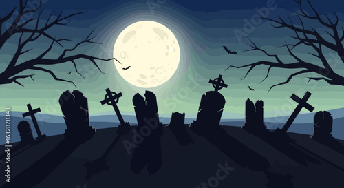 Eerie Halloween night landscape featuring an old cemetery with tombstones and crosses under a bright full moon.