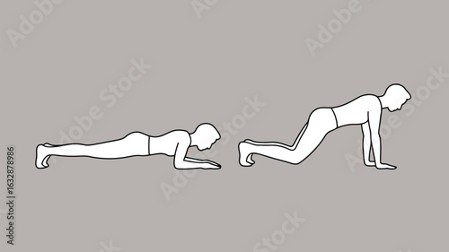 Plank to knee push-up exercise illustration, bodyweight workout for beginners, fitness training movement on grey background

