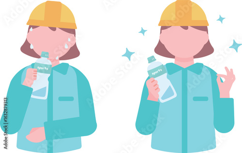 水分補給する作業着の女性