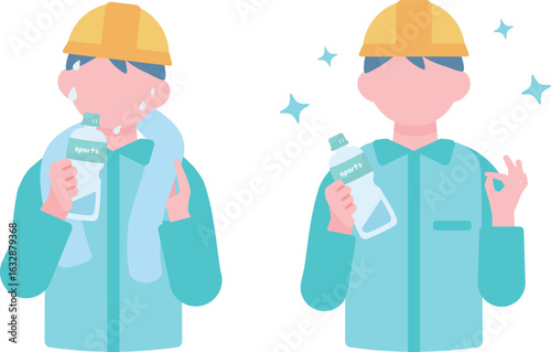 水分補給する作業着の男性