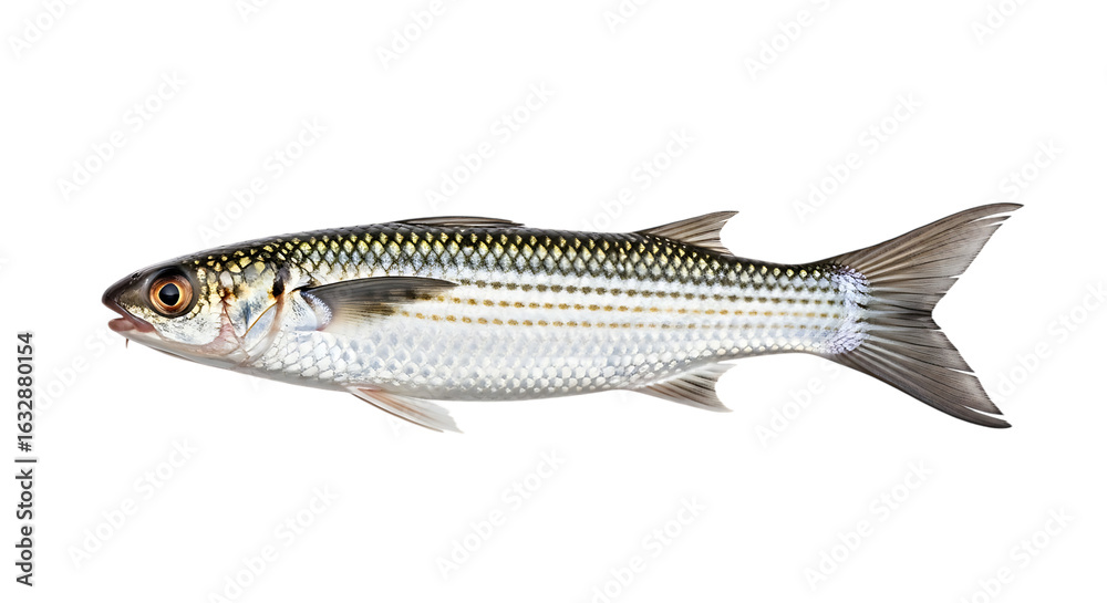 Obraz premium A mullet fish isolated on transparent background, showcasing its silver and striped body, fins, and aquatic nature, representing marine wildlife and the beauty of the ocean