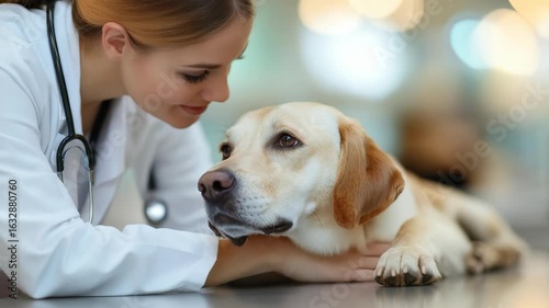 Compassionate veterinarian examines docile yellow labrador retriever in bright, modern clinic. dog appears calm, comfortable. This represents trust between animals, healthcare providers.
