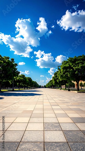 A paved walkway stretching into a vibrant blue sky