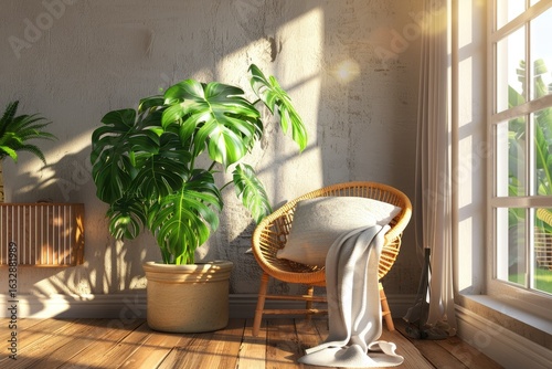 Premium Quality Image of Room Decor with Potted Monstera Plant