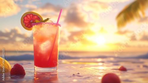 A tropical cocktail with fruit on the beach at sunset