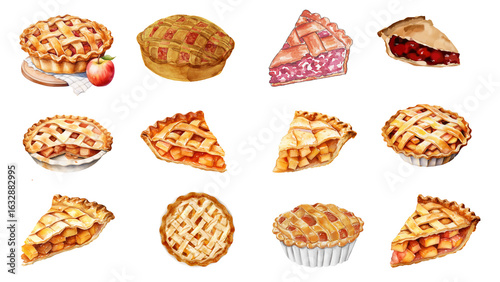 A delicious watercolor set of homemade apple pie illustrations, including whole pies and individual slices with lattice crusts.