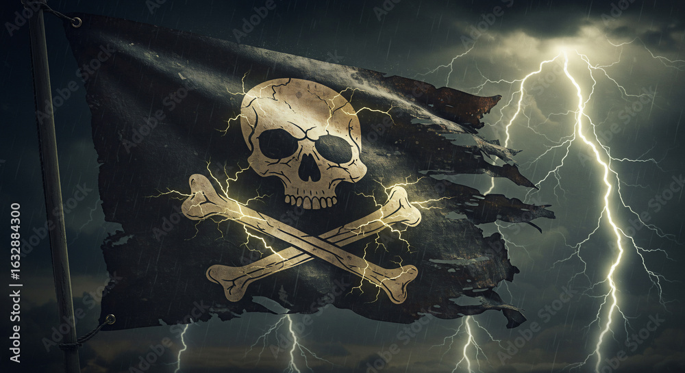 Naklejka premium A tattered Jolly Roger pirate flag, illuminated by powerful lightning strikes in a dark, stormy sky with heavy rain. Evokes danger, adventure, cybersecurity, and rebellion