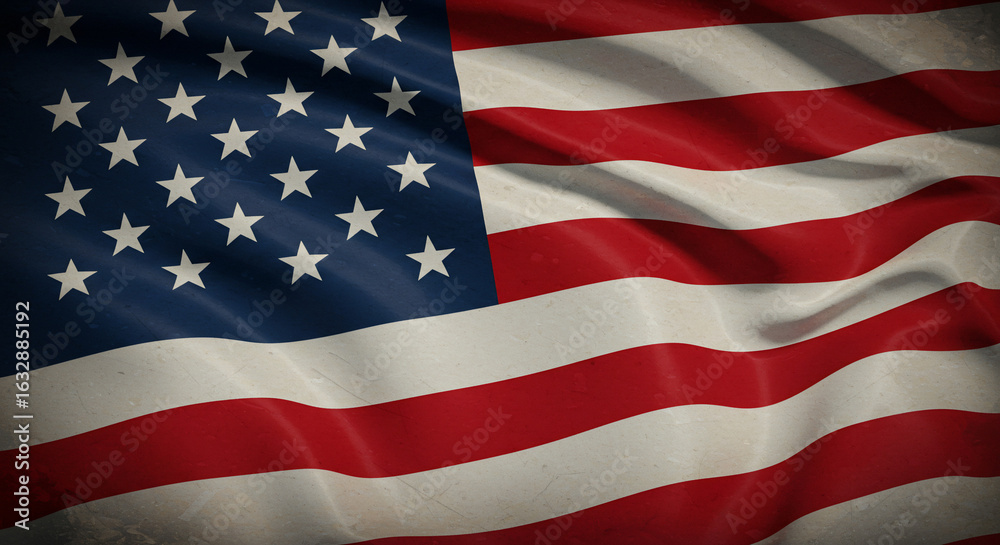 Fototapeta premium A vibrant American flag waving with a textured, vintage distressed grunge effect. Perfect for patriotic events, national holidays like 4th of July, Memorial Day, USA concepts, and political