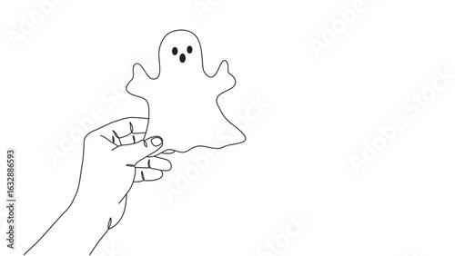 Minimalist Halloween illustration featuring a hand holding a ghostly figure