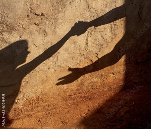 Shadow Handshake: A captivating image of two shadows, one extending a hand to another, symbolizing support, unity, and partnership amidst an arid landscape.