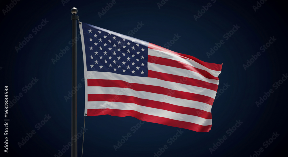 Obraz premium American flag proudly waves on a pole against a deep blue background. Symbolizing patriotism, freedom, and national identity for various US-themed designs, news, and events