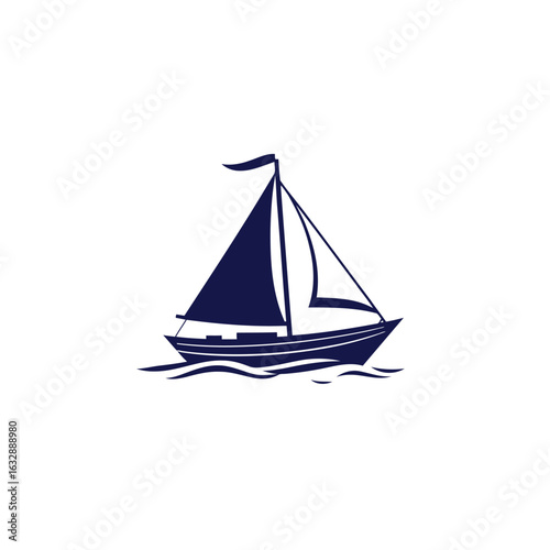 Illustration of a blue sailboat sailing on the sea isolated on white background