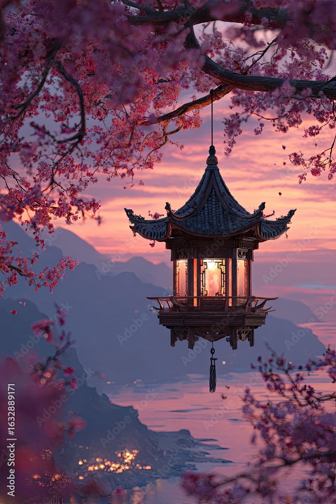 Obraz premium Cherry blossoms, lantern, mountains