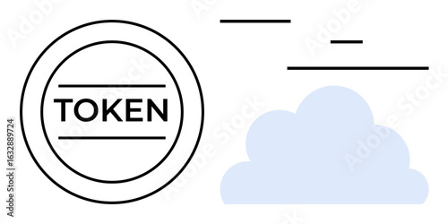 Circular token labeled Token next to a blue cloud with lines above. Ideal for cryptocurrency, blockchain, virtual assets, data security, cloud storage, digital economy, simple landing page