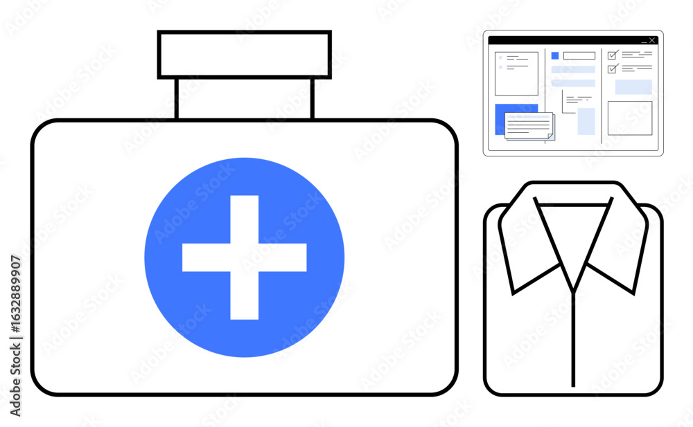 Fototapeta premium Medical bag with blue cross, folded shirt icon, and web interface representing organization and communication. Ideal for healthcare, business, planning, efficiency, digital tools, formality simple