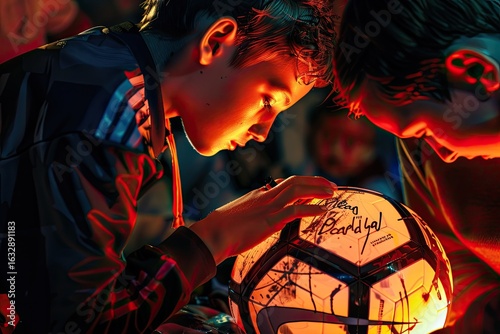 high definition picture of Footballer signing an autograph on a soccer ball for a boy fan