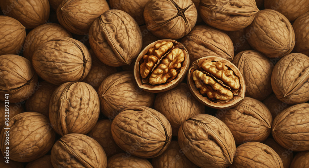Close-up, full frame shot of a pile of walnuts, some whole in their shells and others cracked open revealing the healthy kernels. Ideal for food, nutrition, and baking concepts or backgrounds Close-up, full frame shot of a pile of walnuts, some whole in their shells and others cracked open revealing the healthy kernels. Ideal for food, nutrition, and baking concepts or backgrounds