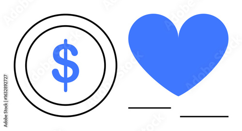 Black outlined coin with dollar sign next to a bold blue heart. Ideal for charity, finance, philanthropy, fundraising, donations, love, social impact concepts. Perfect for a simple landing page