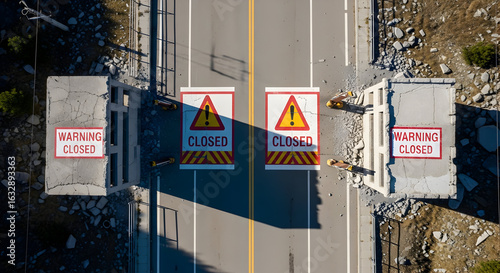 Aerial View Of An Isolated Road Closure With Damaged Barriers And Warning Signs