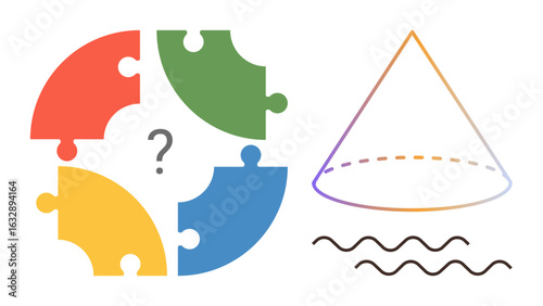 Circular puzzle with question mark, gradient cone, and wavy lines representing problem-solving, creativity, teamwork, math concepts, brainstorming, education and innovation. Simple flat metaphor