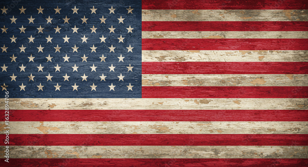 Obraz premium Distressed American flag on a rustic wooden texture, embodying patriotism and vintage style. Perfect for backgrounds, national holidays, or grunge designs