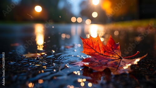 A solitary red and orange maple leaf lies on wet pavement, reflecting the warm glow of out-of-focus streetlights on a rainy autumn evening, creating a serene and melancholic scene
