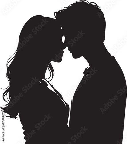 Black silhouette of a couple embracing with foreheads touching embrace love