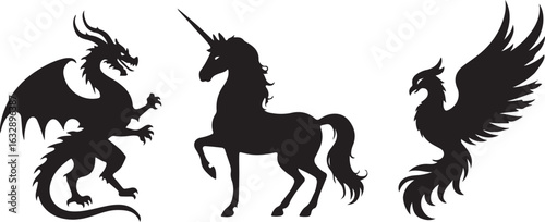 Black silhouette of a dragon unicorn and phoenix on white background mythical creatures fantasy