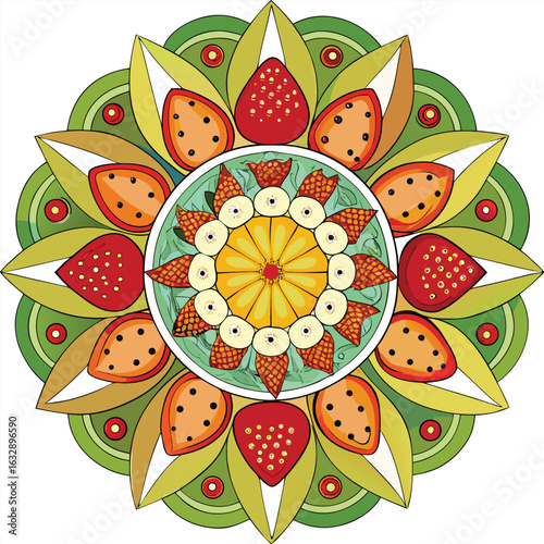 Vibrant fruit mandala design with strawberry and prickly pear elements