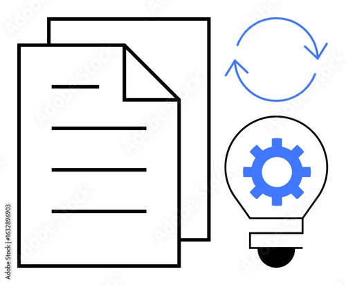 Document, circular arrows, and lightbulb with gear represent workflow optimization and automation. Ideal for innovation, efficiency, process, management, technology, creativity digital