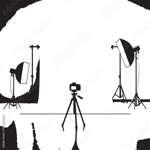 Black silhouette of a photography studio setup with camera on tripod and lighting equipment vector