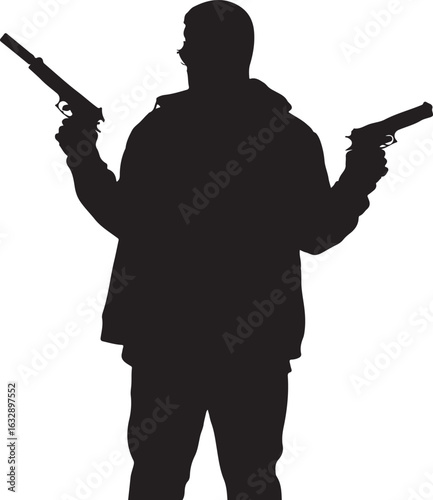 Silhouette of a man holding two pistols in a defensive stance weapon