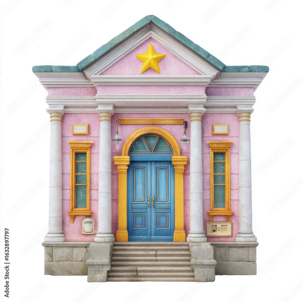 Fototapeta premium Charming pink building with blue doors and classical columns