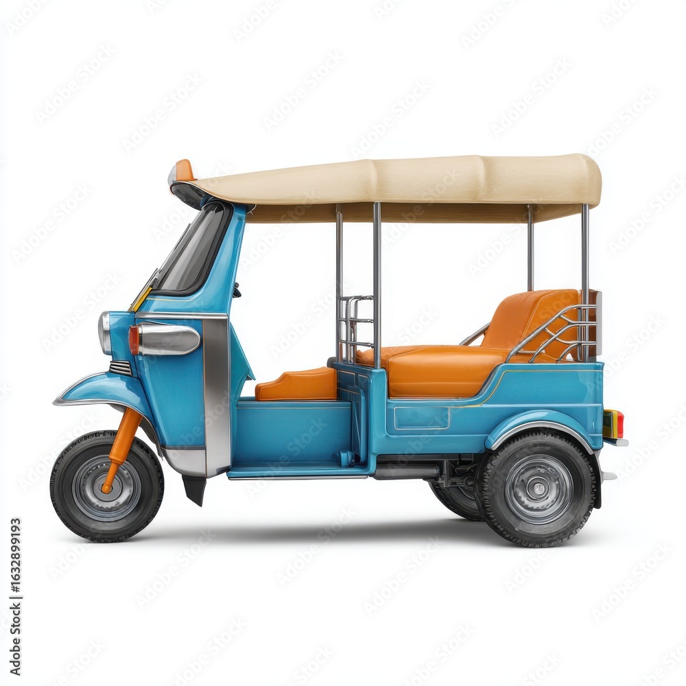 Fototapeta premium Bright blue and orange three wheeled auto rickshaw