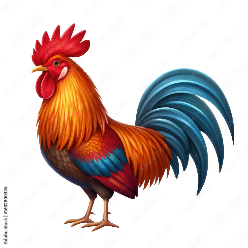 Fototapeta premium Vibrant rooster with fiery plumage isolated on transparent background